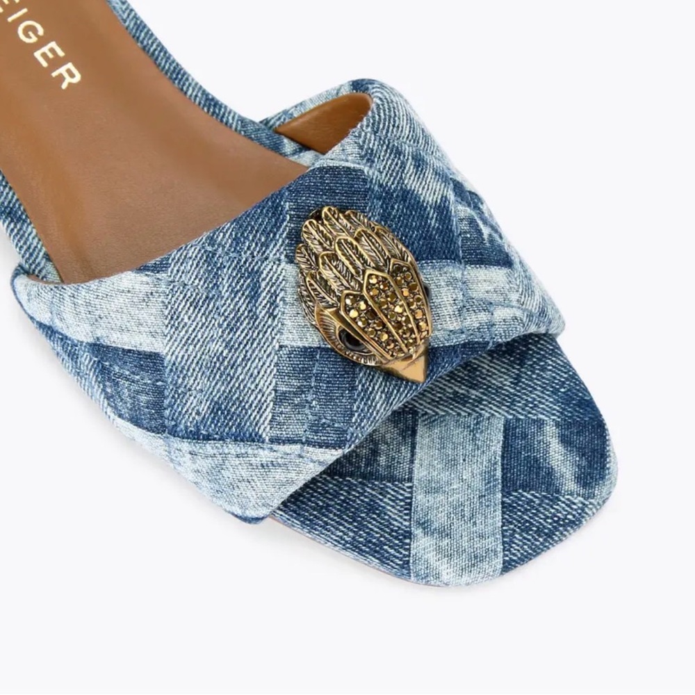 Kurt Geiger Blue Denim Slide Mule with Gold Decorative Emblem